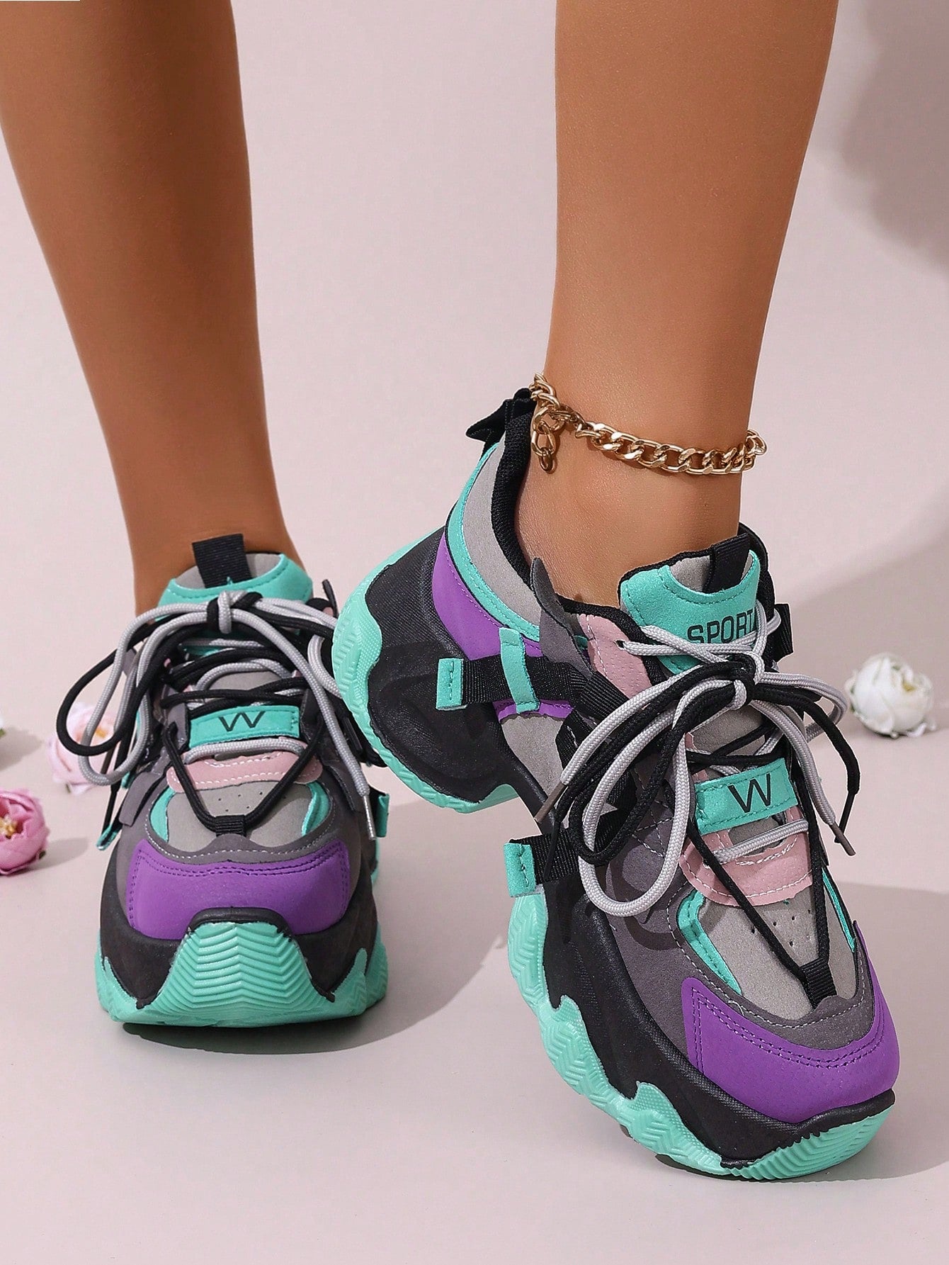 Women'S Chunky Sneakers, round Toe Platform Shoes, European & American Style Sports Shoes, Fashion Trainers, Colorblock Sports Shoes, Metallic Thick Sole Sneakers, Ladies' Athletic Shoes, Lace-Up Workout Shoes